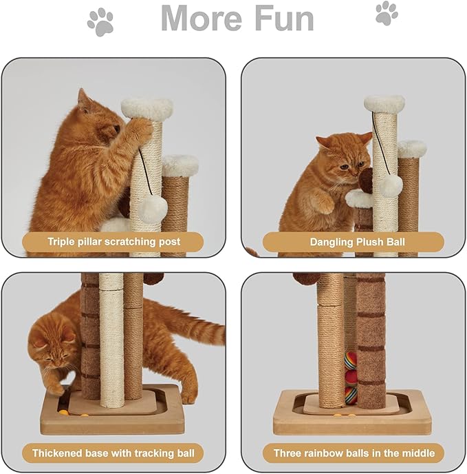Cat Scratching Post Premium Natural Sisal Jute Carpet 3 Scratch Posts with Interactive Track Ball Base and Hanging Balls Toys Kitten Scratcher for Indoor Kittens and Small Cats-Mewly Pet