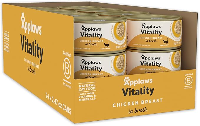 Applaws Vitality Wet Cat Food in Broth, Natural Canned Cat Food, Wet Food for Cats with Added Vitamins and Minerals, Grain Free, Carrageenan Free, Chicken Breast in Broth (24 Count, 2.47 oz Cans)