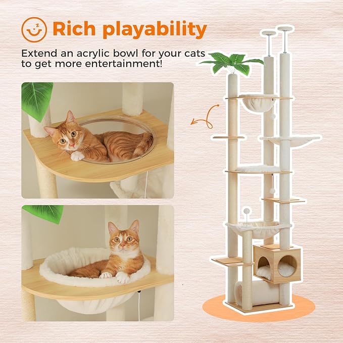 PEQULTI Floor to Ceiling Cat Tree 93.3’’-100.8’’ Height Adjustable Wooden Cat Tower Tall Climbing Play House with Scratching Posts, Cozy Condo, Perches and Large Hammock for Indoor Cats Beige-Mewly Pet