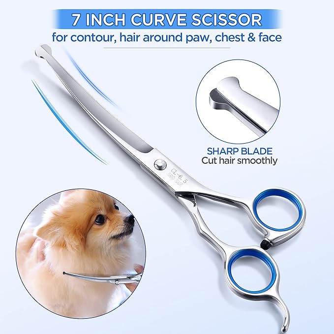 Gimars 7.0in Professional 4CR Stainless Steel Safety Round Tip 6 in 1 Dog Grooming Scissors Heavy Duty Titanium Coated Pet Grooming Scissor for Dogs, Cats and Other Animals-Mewly Pet