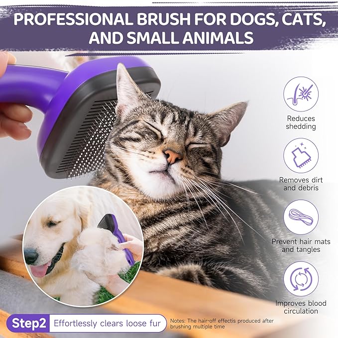 Dog Brush Kit – 3 PCS Grooming Set with Self-Cleaning Brush, Undercoat Rake & Pet Bath Brush. Great for Shedding, Tangles & Dirt Removal – Ideal for Long & Short Haired Dogs & Cats, Purple-Mewly Pet