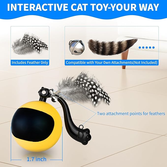 Interactive Cat Ball Toy with Remote Control, Automatic Moving Cat Toys Ball with Feather Tail, Electric Puzzle Toy for Chasing and Hunting (Yellow)-Mewly Pet