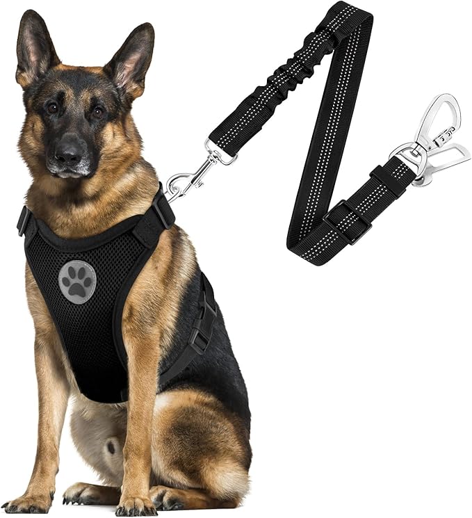 SlowTon Dog Seat Belt Harness for Car, Dog Car Harness Adjustable Mesh Breathable & Dog Seatbelt Safety Tether with Elastic Bungee for Small Medium Large Pets(Black, Double Clip, L)-Mewly Pet