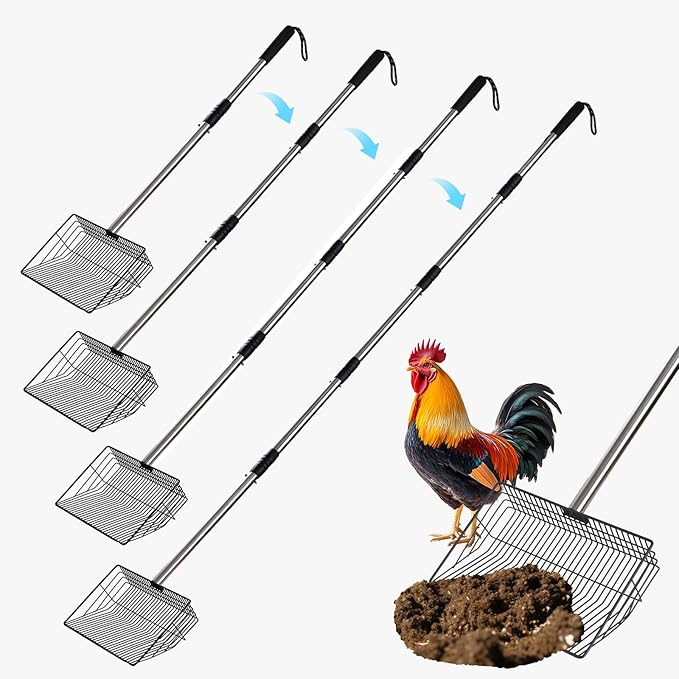 10inch Large Metal Chicken Poop Scooper,32 to 67" Adjustable Long Chicken Coop Litter Scoop,Heavy Duty Sifting Shovel for Chicken Coop & Pet Waste Cleaning-Mewly Pet