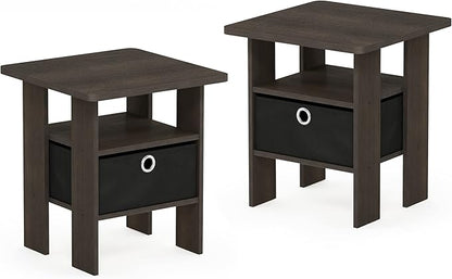 Furinno Andrey Set of 2 End Table / Side Table / Night Stand / Bedside Table with Bin Drawer, Dark Brown/Black