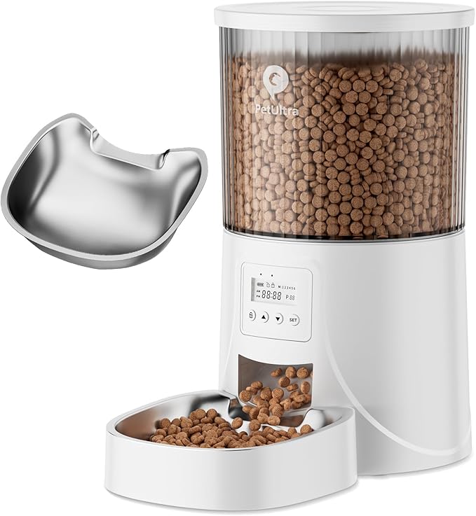 Automatic Cat Feeder: 4L Timed Cats Food Dispenser Programmable 1-6 Meal for Cat and Small Medium Dog- Auto Pet Feeder Dual Power Supply with Stainless Steel& | Detachable Washable White-Mewly Pet