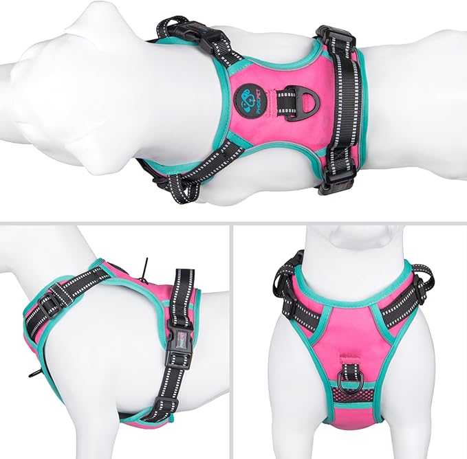 PHOEPET 2019 Upgraded No Pull Dog Harness, Reflective Adjustable Vest, with a Training Handle + 2 Metal Leash Hooks+ 3 Snap Buckles +4 Slide Buckles(M, Pink)-Mewly Pet