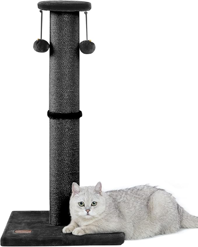 Kilodor 34Inch Tall Cat Scratching Post,4.3Inch Diameter Large Sisal Cat Scratch Post with Ball, Sturdy and Durable Cat Scratcher for Indoor Cats Adults Black-Mewly Pet