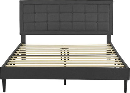 Decoro Mornington Upholstered 2.0 Platform Bed, Button-Tufted Fabric Headboard and Metal Frame with Wood Slat Support, Dark Grey, Full