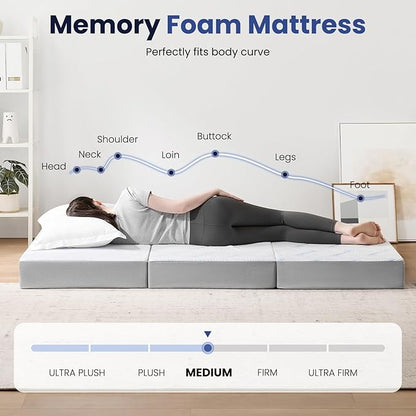 Foldable Mattress Cot 4 inch -Portable White Memory Foam Folding Matress with Washable Cover for Camping Travel Guest Room Home Use-Non-Slip&Easy Storage