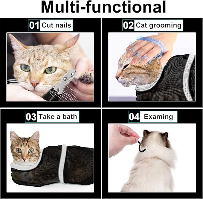 Patelai 5 Pcs Cat Bathing Bag Set Cat Grooming Bag Adjustable Pet Shower Net Muzzles Nail Clipper Tick Remover Tool Massage Brush(Black White)-Mewly Pet