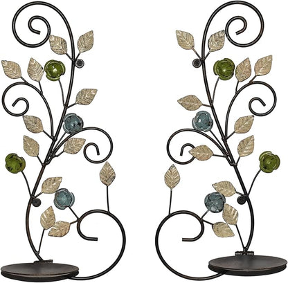 Wall Sconces Candle Holder Set of 2, Antique White Leaf and Multi-Color Flower Branch Wall Mount Hanging Metal Wall Candle Holder Candle Sconce for Living Room Dining Room