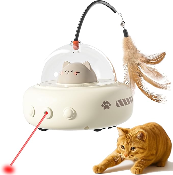 hooroor 2-in-1 UFO Laser Cat Toy – Automatic Motion with Feather, Rechargeable Smart Sensor Interactive Toy for Indoor Cats & Dogs, Fun Exercise & Play, Perfect Pet Gift-Mewly Pet
