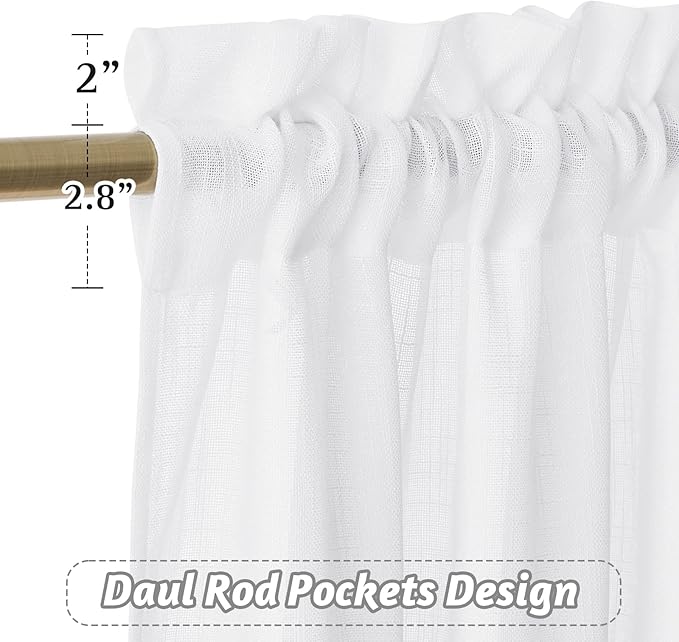 RYB HOME White Semi Sheer Curtains, Light Filtering Privacy Protection 2 Panels Set Linen Textured Small Window Treatments for Living Room Dining Bedroom, W 42 x L 54 inches, White, 2 Panels