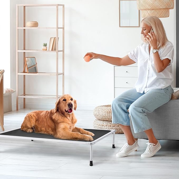 Veehoo Chewproof Elevated Dog Bed - Cooling Raised Pet Cot, Breathable Mesh, Washable & Non-Slip for Large Dogs, Indoor/Outdoor, Black Mat and Silver Metal Frame, 42x30inches (Model CWC2203B03)-Mewly Pet