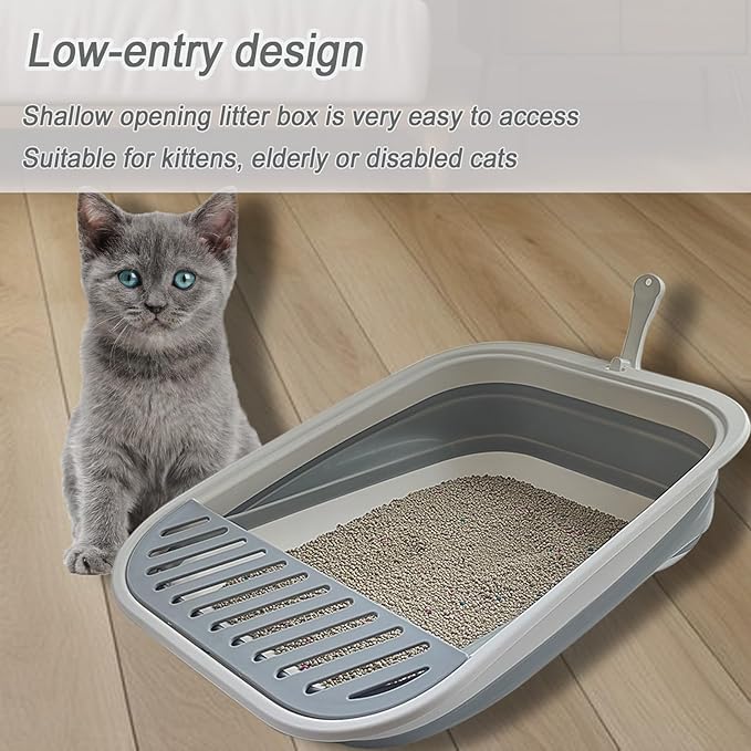 Senior Cat Litter Boxes, Collapsible Open Low Entry Cat Litter Pan with Scoop Travel Kitten Potty Foldable Pet Toilet for Sick Disabled Older Elderly Cats Grey 20.9x15.7x5.7 inch-Mewly Pet