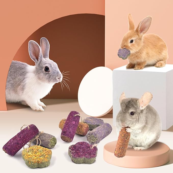 12PCS Rabbit Chew Sticks, Hanging Chew Sticks & Cakes Timothy Hay Rose Chrysanthemum Treat for Bunny Chinchilla Guinea Pig Hamster and Other Small Pets Molar Snack Toy-Mewly Pet