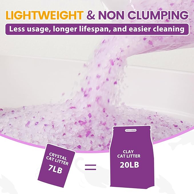 NEWORD Crystals Cat Litter Lightly Scented Litter Superior Odor Control 7 lbs Total Soft-On-Paws Low Tracking Dust-Free Purple Silica Gel, Lavender-Mewly Pet