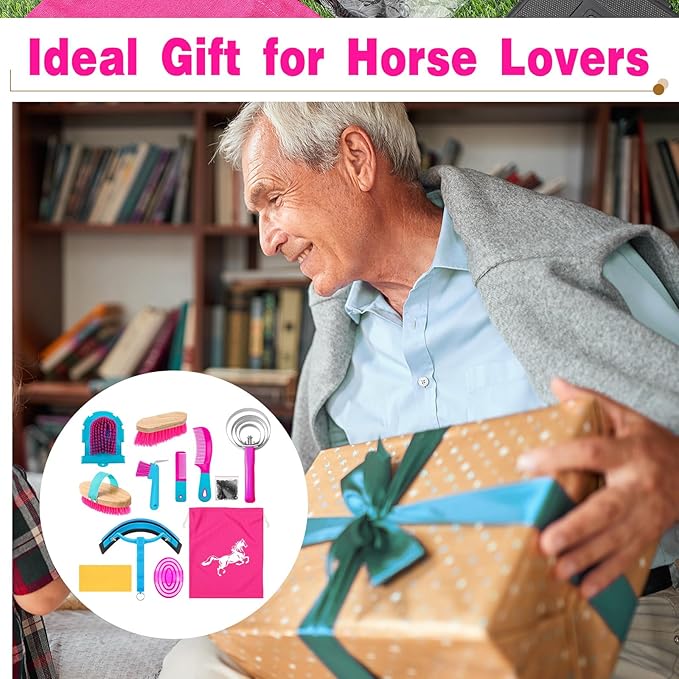 Abbylike 12 Pieces Horse Grooming Kit Racing Festival Tack Room Supplies Horse Brush Sets Equine Care Cleaning Kit Shedding Grooming Massaging Tools(Rose Red)-Mewly Pet