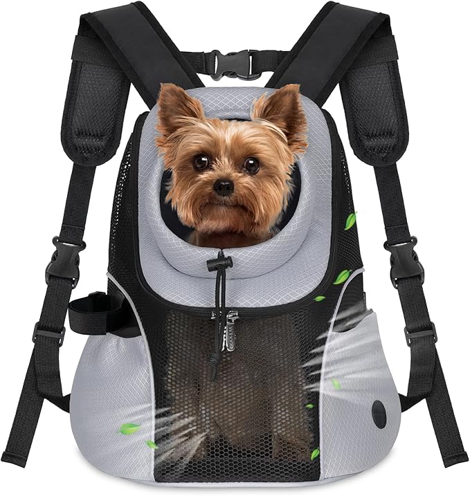 WOYYHO Pet Dog Carrier Backpack Small Dog Front Backpack Ventilated Mesh Dog Travel Back Pack with Safety Belt for Travel Hiking Cycling Outdoor Adventures (Size M: 5-9 lbs, Grey)-Mewly Pet