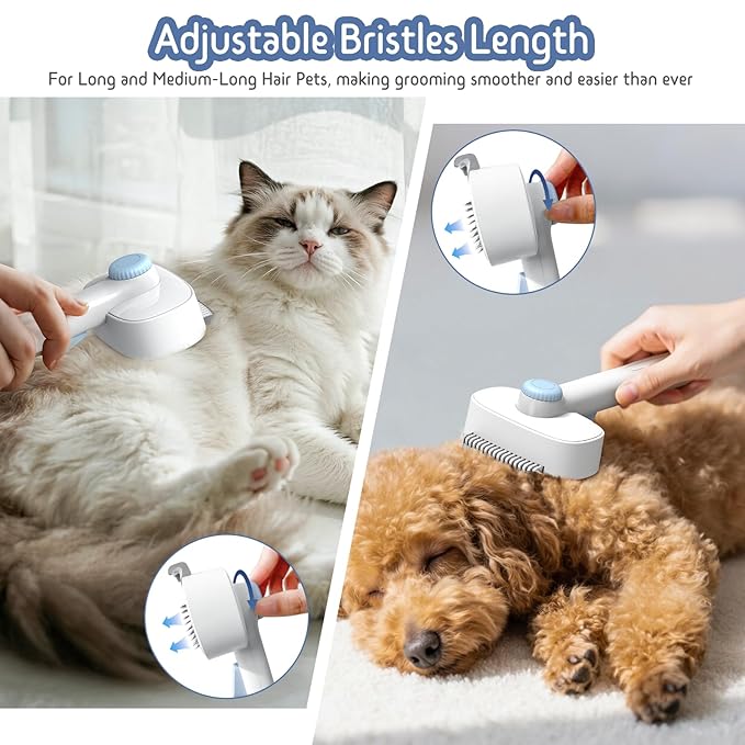 Self Cleaning Slicker Brush, 2-in-1 Cat Brush for Shedding, Skin Friendly Grooming Tool for Long & Medium-Long Hair Pets, Adjustable Bristle Length with Dematting Comb for Cats, Dogs (Blue)-Mewly Pet