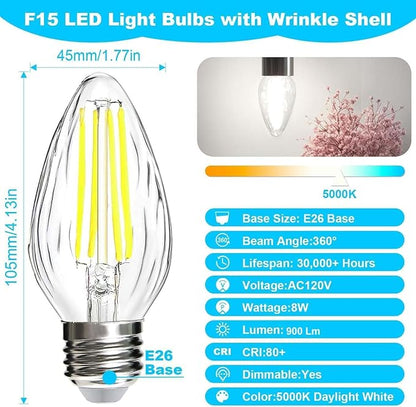 BRIMAX F15 8W LED Light Bulbs, Daylight White 5000K,75W - 80W Incandescent Equivalent,Dimmable,E26 Medium Base,Flame Wrinkle Glass,4 Pack