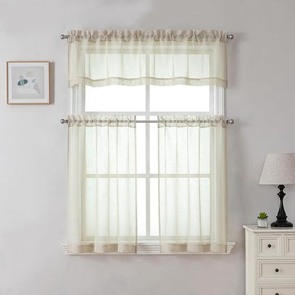 Aiyufeng Kirei 36 inch Natural Sheer Curtains 2 Panels Set for Kitchen, Rod Pocket Semi Sheer Short Curtains & Drapes Privacy with Light Filtering for Cafe/Small Window, Linen, W30 x L36, 2 Piecesi