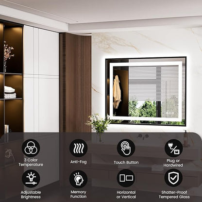 LED Bathroom Mirror,40"x32" Mirror with Black Frame, Front Light and Backlit, Stepless Dimmable, Anti-Fog, Shatter-Proof, Memory, 3 Colors, LED Vanity Mirror
