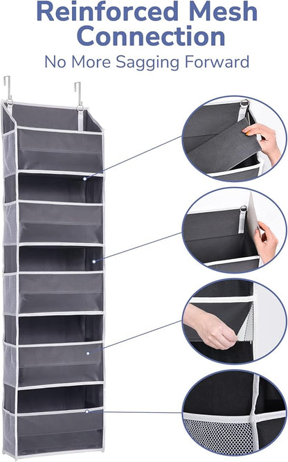 ULG 1 Pack Over Door Organizer with 5 Large Pockets 10 Mesh Side Pockets, 44 lbs Weight Capacity Hanging Storage Organizer with Clear Window Kids Toys, Shoes, Diapers, Dark Grey, 5 Layers