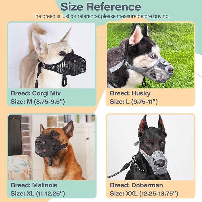 LUCKYPAW Dog Muzzle for Large Medium Small Dogs, Patented Mesh Muzzle to Prevent Biting Chewing Eating, Soft Mouth Guard with Front Opening Design for Drinking Panting(Grey, M)-Mewly Pet