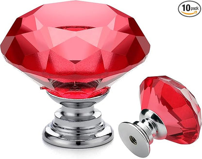 Ravinte 10 Pack Red Crystal Knobs for Dresser Drawers - 30 mm Glass Cabinet Diamond Shaped Knobs With Silver Base