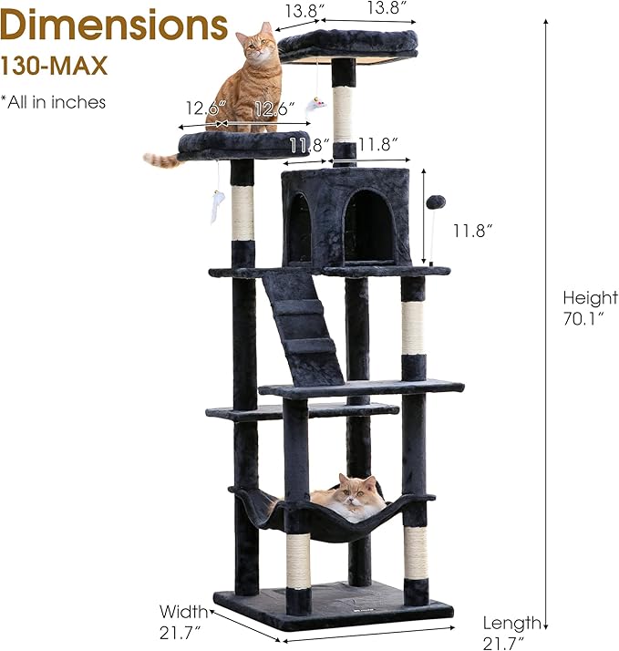 MWPO 70.1-Inch Large Cat Tree, Multi-Level Tall Cat Tower for Indoor Cats, Plush Cat Condo with Big Padded Perches, Sisal-Covered Scratching Posts, Hammock, Toys for Kittens & Cats - Smoky Grey-Mewly Pet