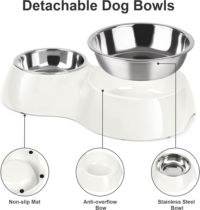 Elevated Dog Bowls Set - Non-Slip Raised Pet Feeder with Medium (10 oz) & Large (20 oz) Stainless Steel Bowls - Includes Durable Resin Stand for Puppies, Adult Dogs & Cats - White-Mewly Pet