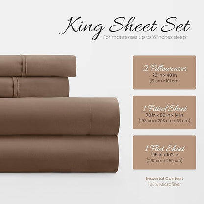 Linen Market Brushed Microfiber King Sheet Set 4 Piece – Oeko-TEX Certified Ultra Soft & Wrinkle-Free - 16" Deep Pocket Sheets - Easy Care King Size - Taupe