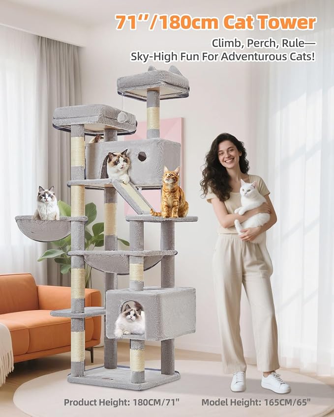 Taoqimiao Cat Tree 71-Inch, Cat Tower for Indoor Cats Large Adult, Multi-Level Large Cat Condo, 8 Sisal Scratching Posts, Metal Frame Cozy Hammock, Scratch Board, 2 Top Perches, Light Gray MS026LW-Mewly Pet