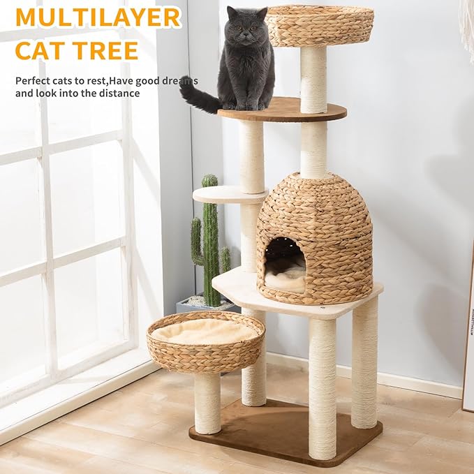 Large Wood Cat Tree Tower for Indoor Cats, Multi-Cats Scratching Post & Cat Condo with Handwoven Cat House Basket, Thick Sisal Posts, Modern Stable Cats Tower Furniture-Mewly Pet