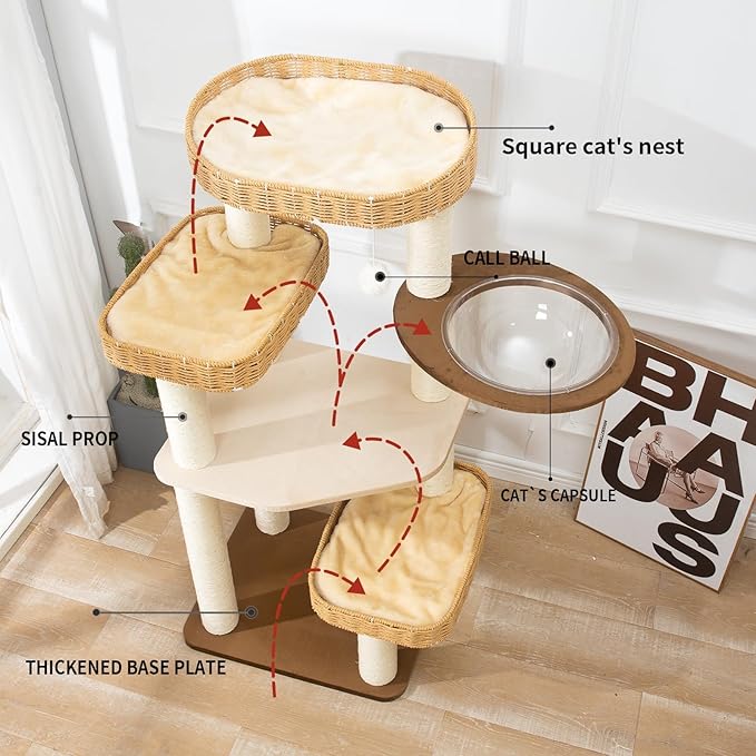 Cat Tree Tower for Indoor Cats, House Condo for Large Cats, Modern Tall Manual Hand Woven With Sisal, Scratching Post, Cute Furniture Activity Centre, Cat Lover Gift-Mewly Pet