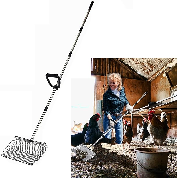 15 Inch Large Chicken coop Scoop with Ergonomic Grip Adjustable Long Handle (24-64") Chicken Poop Scooper Sifting Shovel rake Stainless Steel Metal coop Scoop (L/15 INCH)-Mewly Pet