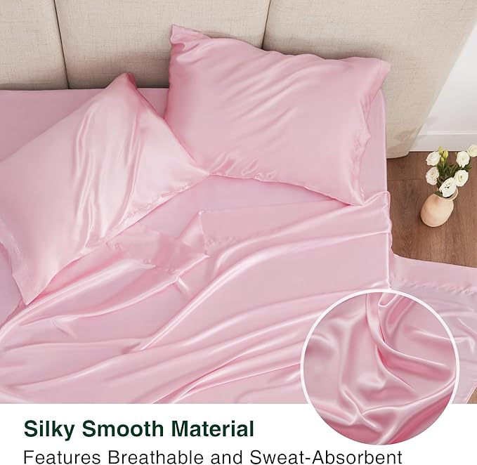 Love's cabin Twin Satin Sheets Sets - 3 Piece Pink Silky Bed Sheets with Deep Pockets, Luxury Silk Feel Satin Twin Size Sheet Set Bedding Set (1 Flat Sheet,1 Fitted Sheet,1 Pillow case)