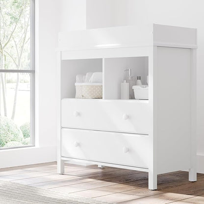 Storkcraft Alpine 2 Drawer Changing Table Chest (White) - Attached Changing Table Topper Fits Any Standard-Size Baby Changing Pad, 2 Drawers, 2 Shelves for Extra Nursery Storage, Easy to Assemble