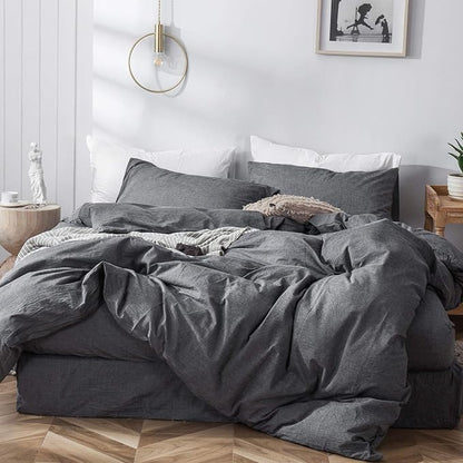 MooMee Bedding Duvet Cover Set 100% Washed Cotton Linen Like Textured Breathable Durable Soft Comfy (Heathered Dark Grey, Super King 108"x98")