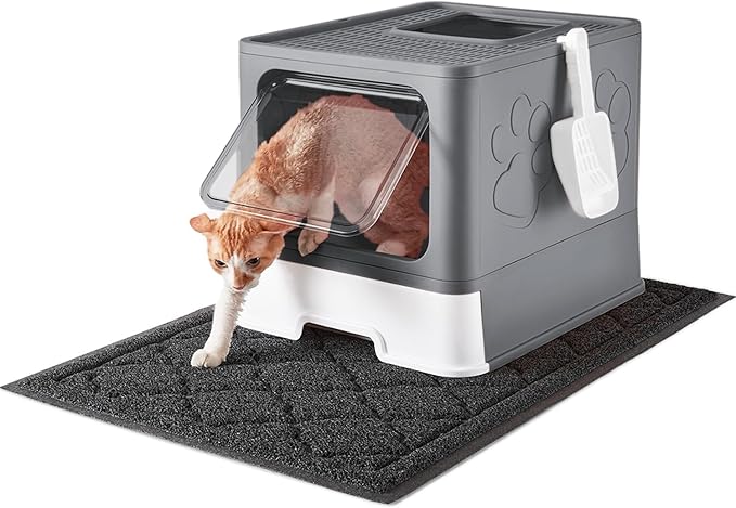 Cat Litter Box with X-Large Litter Mat and Scoop, Large Foldable Litter Box with Lid, Enclosed Kitty Box,Front Top Entry Exit, Odor Control Easy to Clean (Upgrade Dark Grey)-Mewly Pet