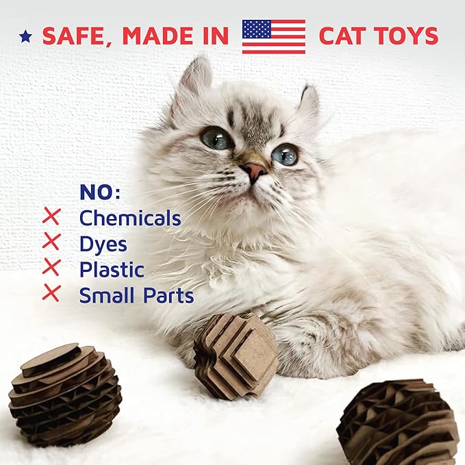 Cat Ball Toys by Americat – Made in USA – Safe Cardboard Cat Toys – for Interactive and Independent Play, Exercise & Stress Relief for All Breeds & Ages (Variety Pack of 3 Balls)-Mewly Pet