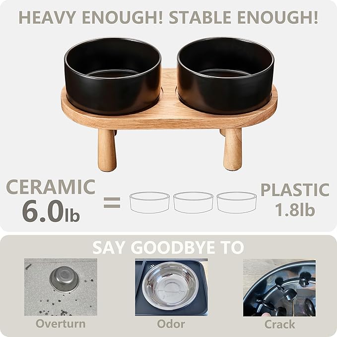 Ceramic Elevated Dog Bowls, Pet Food and Water Bowl Set for Medium and Small Dogs, 3.5 Cups Dog Bowls Raised with Wood Stand, 29OZ, Black-Mewly Pet