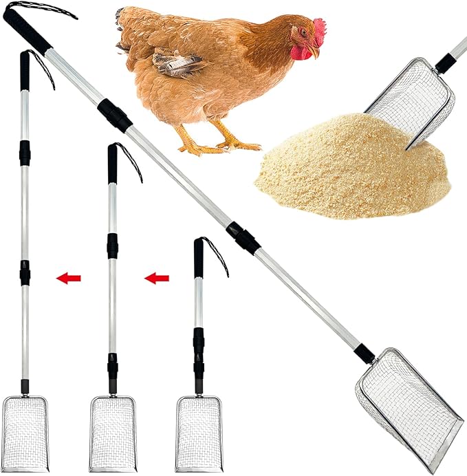 PINVNBY Stainless Steel Chicken Poop Scooper 3 in 1 Adjustable Long Handle Poop Scooper for Chicken(22.3" to 47.6") Multifunctional Chicken Coop Cleaning Tools Sifting Shovel Chicken Coop Accessories-Mewly Pet