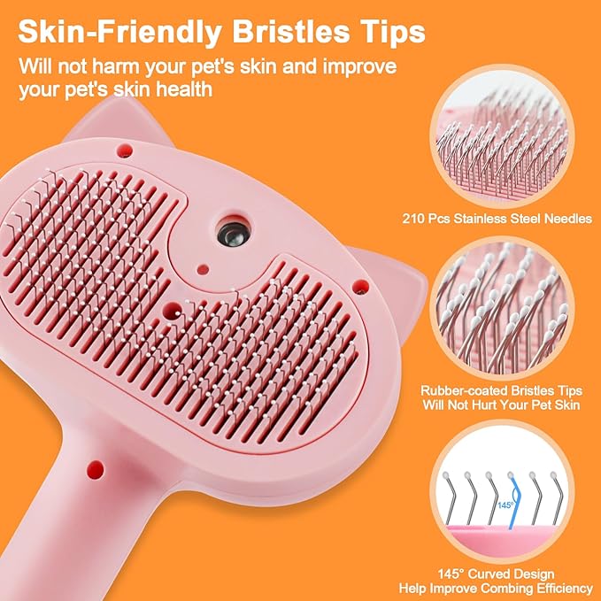 Cat Steam Brush for Shedding, 4 in 1 Steamy Cat Brush with Release Button, Self Cleaning Metal Pet Misting Hair Comb with Handle for Grooming Kitten Dog(Pink)-Mewly Pet