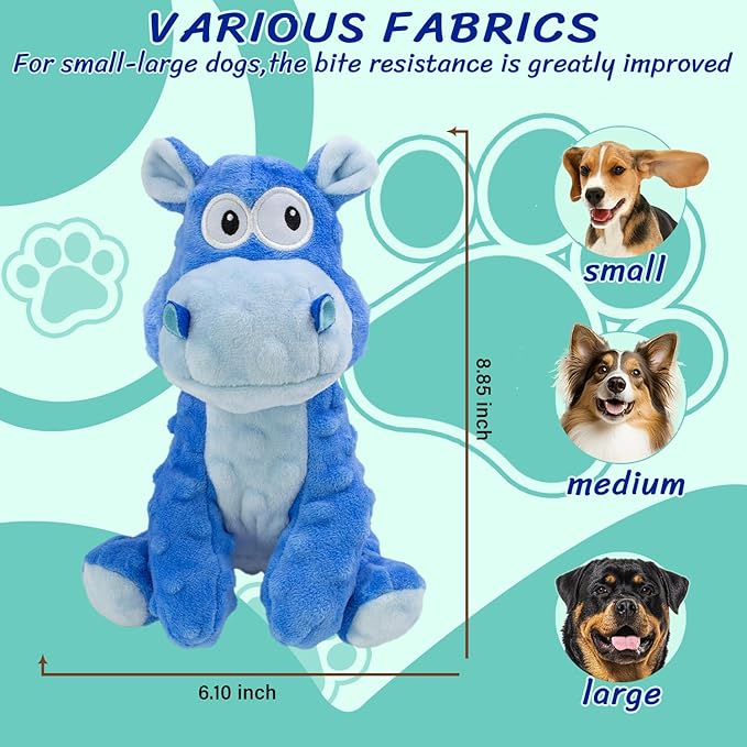 Squeaky Stuffed Dog Toys, Chew Toy for Large Medium Small Breeds, Plush Dog Toys to Keep Them Busy, Puppy Teething Dog Toy, Crinkle Dog Toy (Blue Hippo)-Mewly Pet
