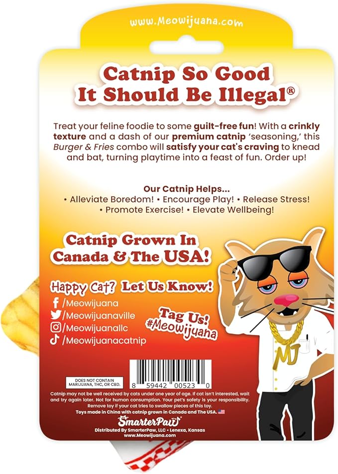 Meowijuana Refillable Cat Toys | Get Hungry - Burger and Fries Catnip Toys | Includes Potent Hand Harvested Catnip Grown in North America | Promotes Play and Cat Health-Mewly Pet