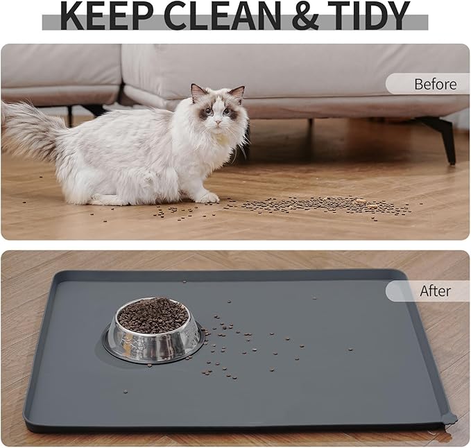 Waterproof Pet Feeding Mat with High Raised Edges, Heavier and Thicker Placemats for Cat Dog Water Bowl with BPA Free, Dogs Cats Food Mats for Messy Drinkers to Prevent Spill and Protect Floors-Mewly Pet
