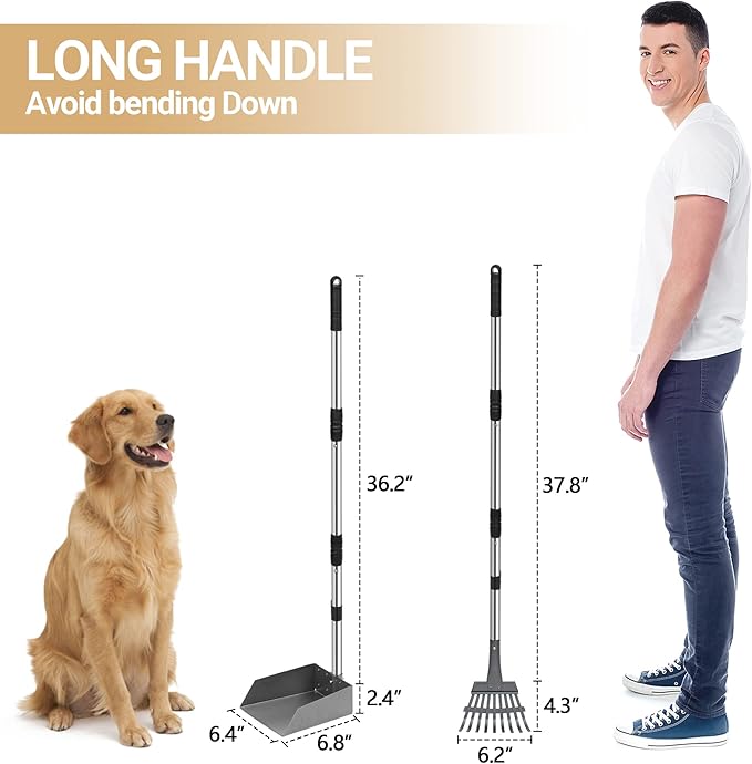 Heeyoo Dog Pooper Scooper, Dog Poop Tray and Rake Set, Pet Waste Removal Scoop with Long Adjustable Sectional Stainless Handles-Mewly Pet